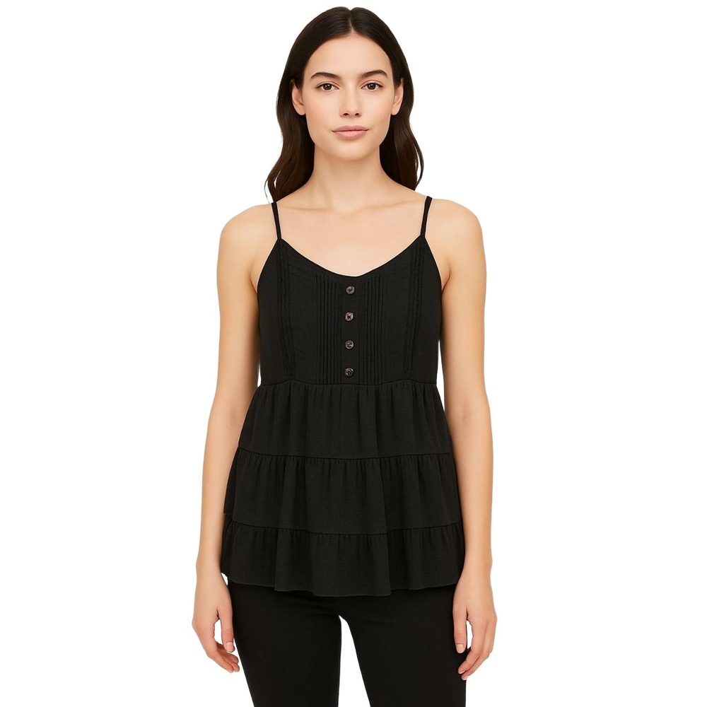 ROYAL LOVE‎ Women’s Tank Top Dressy Black Tiered Sleeveless Top Size L Tie Back
